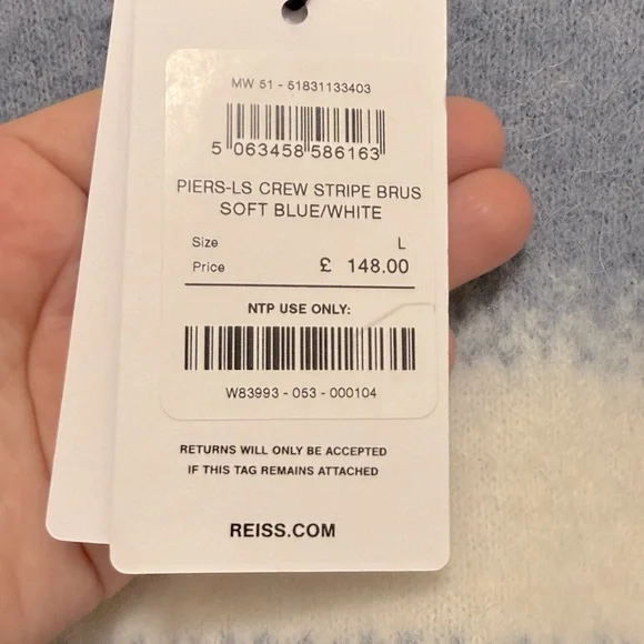 NWT REISS Piers Wool-Alpaca Blend Stripe Jumper in Soft Blue/White